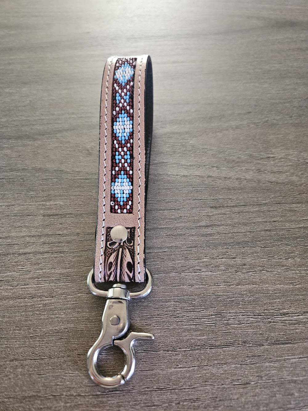 Beaded Tooled Leather Wristlet Keychain